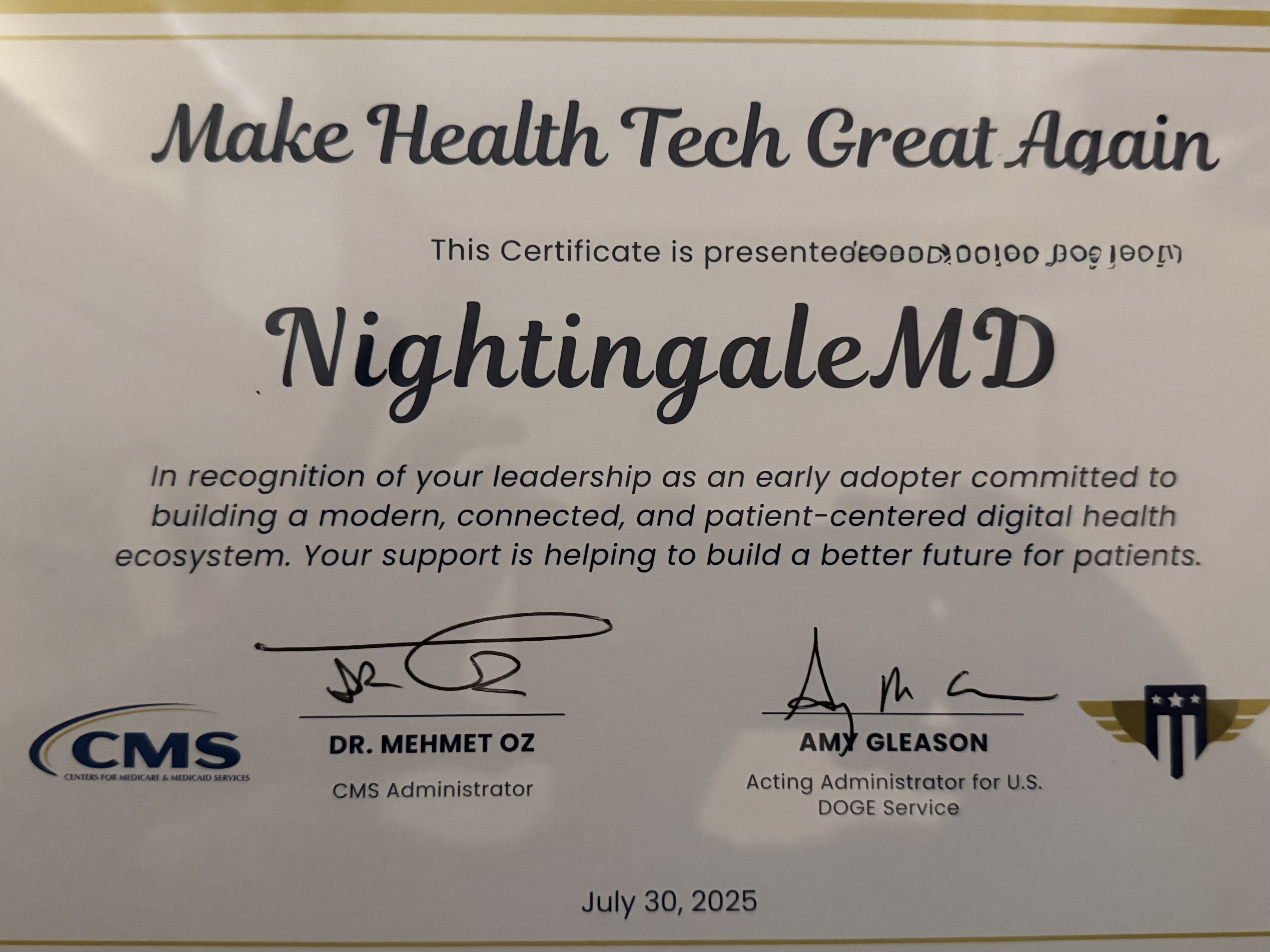 CMS Early-Adopter Certificate presented to NightingaleMD, signed by Dr. Mehmet Oz and Amy Gleason, July 30 2025